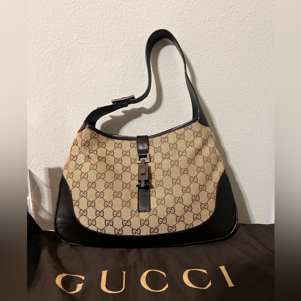 Vintage Gucci Jackie one-shoulder bag in black leather and GG canvas